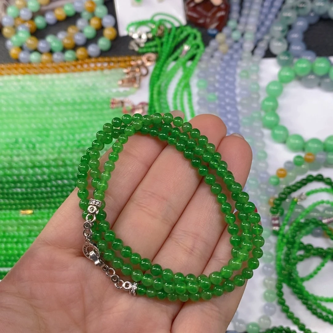 颈饰未镶嵌翡翠缅甸天然翡翠冰种阳绿小米珠项链4