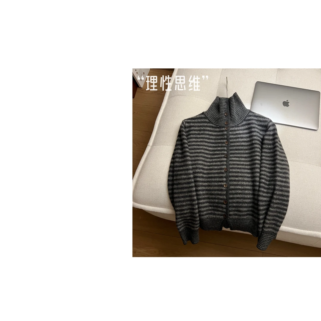 （理性思维）多利原创文艺风简约条纹开衫毛衣
