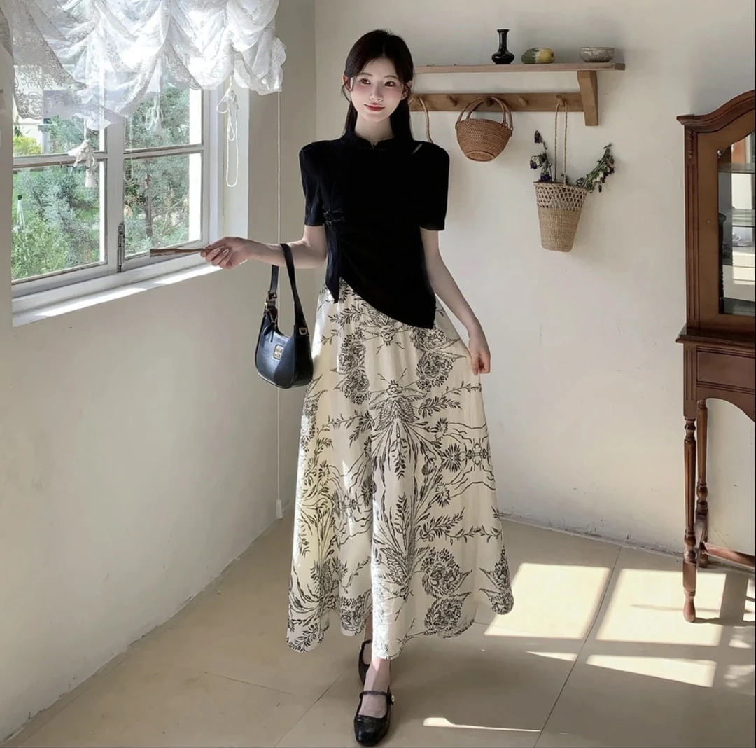 【869】新中式国风时尚套装女立领盘扣上衣水墨印花半身裙两件套夏