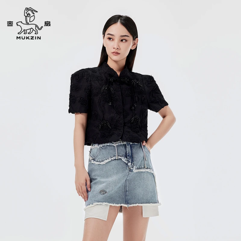 mukzin/密扇《繁花》2024夏装新款狸尨梦华录黑色上衣M24BB11011001