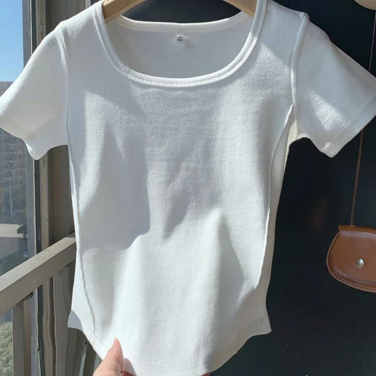 欧货纯色方领露锁骨正肩短袖T恤女夏季洋气紧身螺纹鱼骨线上衣潮T