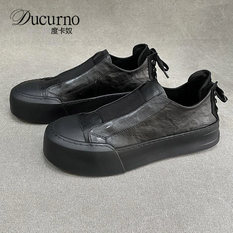 黑色一脚蹬厚底低帮男鞋秋季百搭厚底潮流板鞋高端透气休闲鞋鞋子