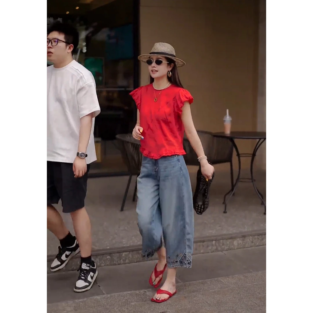 夏季温柔系穿搭一整套女2025年新款韩版时尚百搭上衣牛仔裤两件套