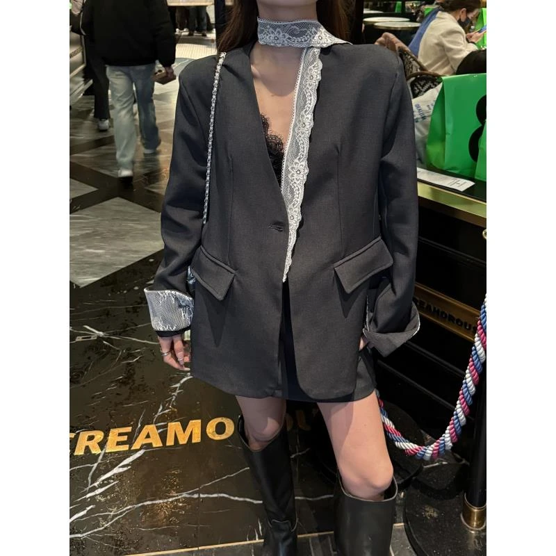 春夏流行蕾丝拼接飘带3296西装外套A字半身裙套装韩版减龄通勤