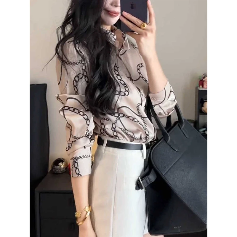 2025春季新款链条印花洋气衬衫女轻奢风翻领凉爽气质百搭防晒衣