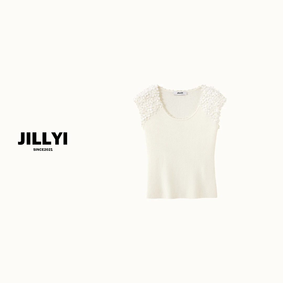 JILLYI【纯白花簇】白色U型领双肩满花轻奢时尚百搭针织衫
