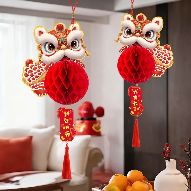 2026新年春节舞狮蜂窝球装饰马年红灯笼挂饰过年元旦氛围场景布置