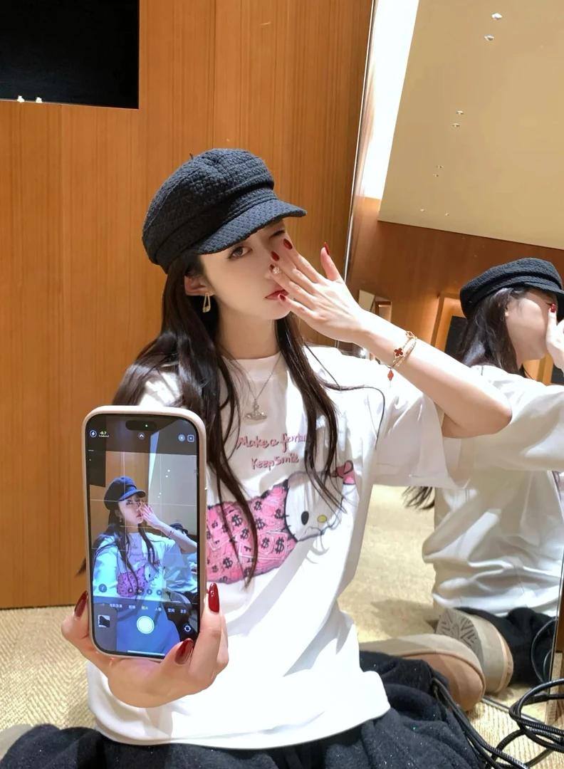 【纯棉】发财kitty2025韩国小众白色印花短袖T恤女圆领套头宽松上衣