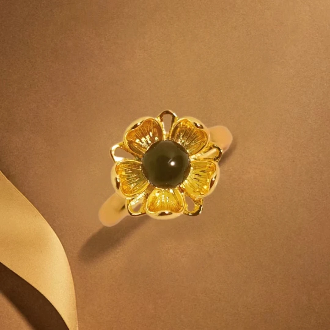 【喜喜珠宝】镂空牡丹花多米尼加进水蓝珀镶嵌合金戒指