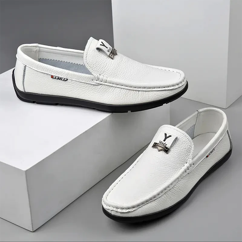 潮流头层牛皮男士镂空透气英伦懒人豆豆鞋软底百搭真皮休闲皮鞋男