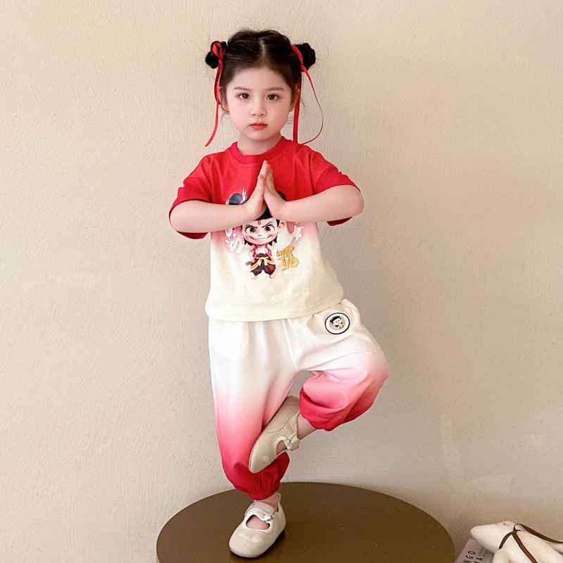 哪吒服装女童夏季套装小女孩短袖T恤渐变防蚊裤女宝宝夏装运动服