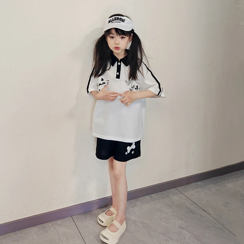 女童夏装2025新款儿童休闲运动polo衫短袖套装女孩夏季短裤两件套