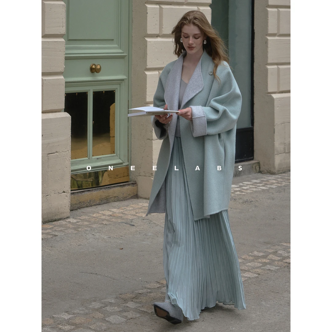 ONEELABS品牌女装 可两面穿 绵羊毛双面呢大衣女秋冬蓝色毛呢外套