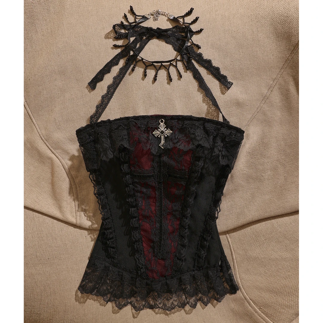 欧美辣妹性感时尚暗黑哥特挂脖吊带复古蕾丝拼接撞色背心女上衣