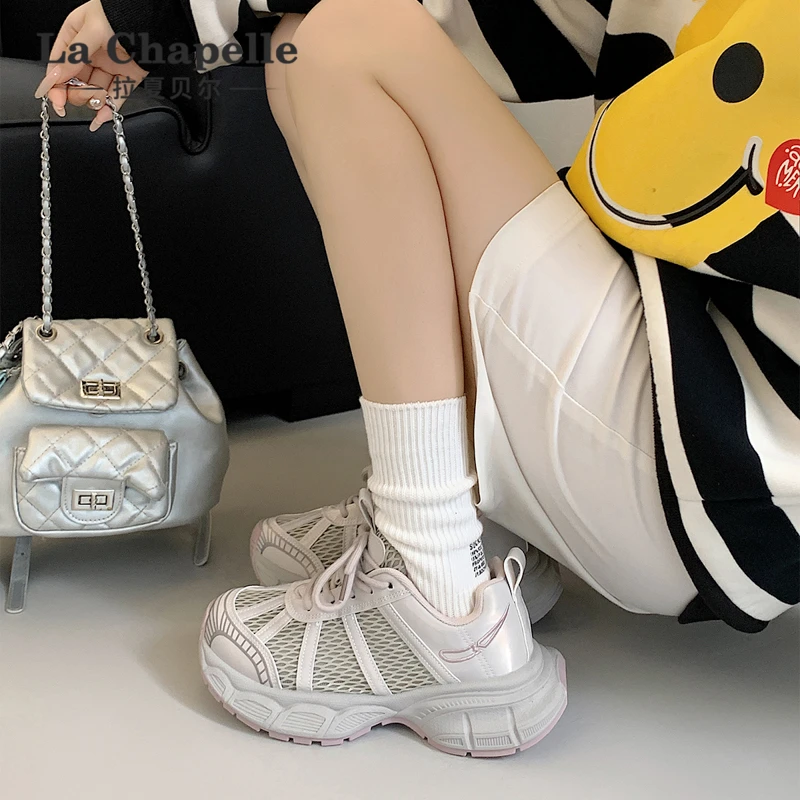 拉夏贝尔网面冬季老爹鞋薄款2025网红新款透气时尚增高软底运动鞋