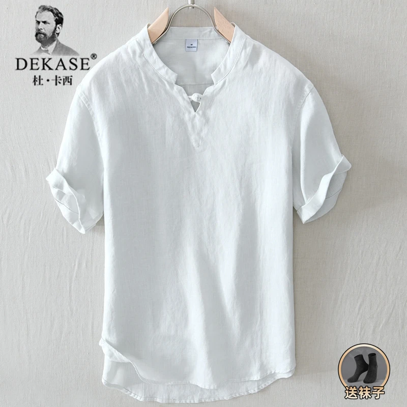 Dekase 男士亚麻短袖夏季薄款t恤宽松透气潮流半袖棉麻衬衫上衣