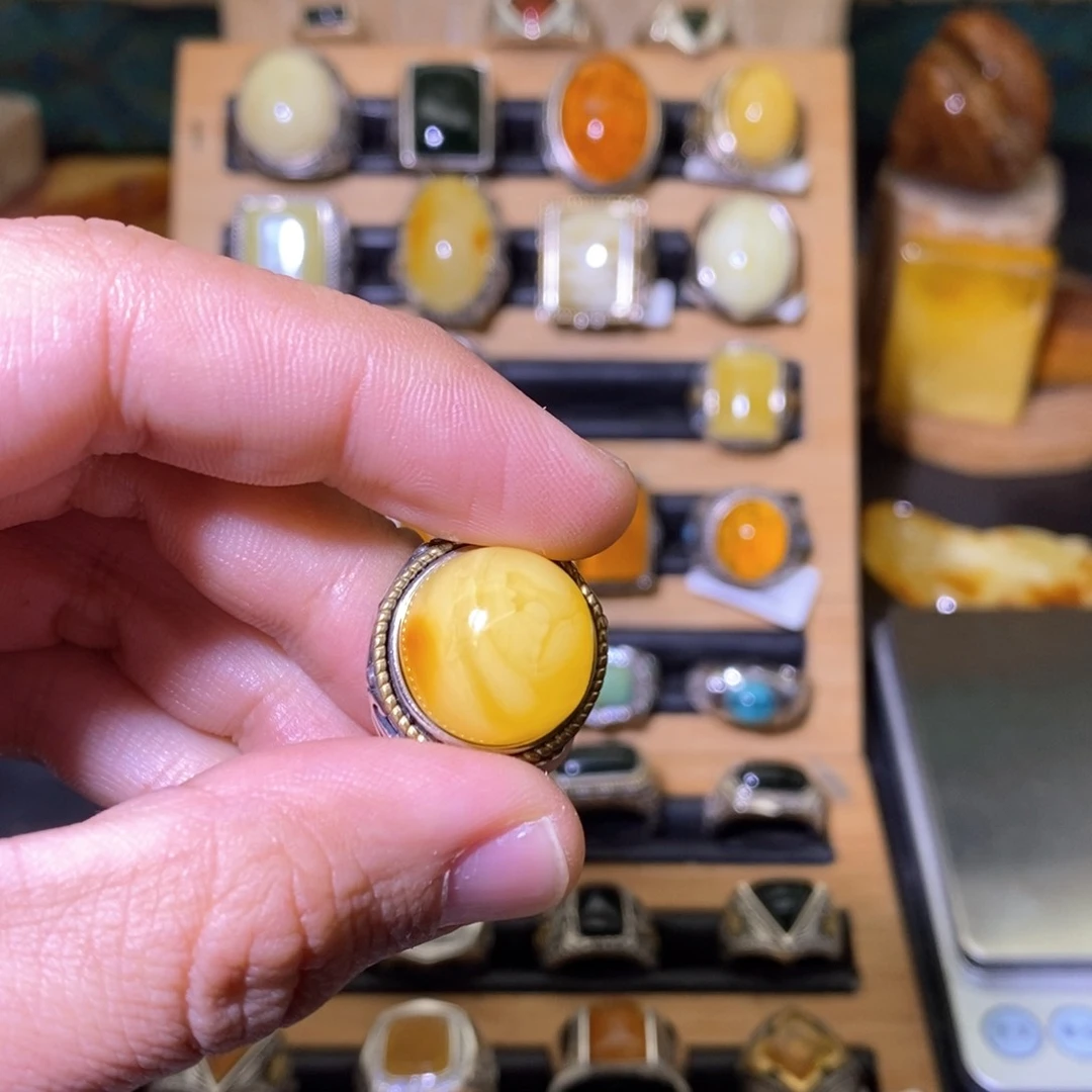 蜜蜡戒指银S925镶嵌苍**泽