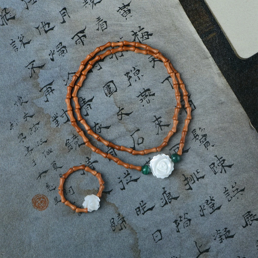橄榄核竹节花开富贵双圈手链+橄榄核竹节花开富贵戒指（木带宝）