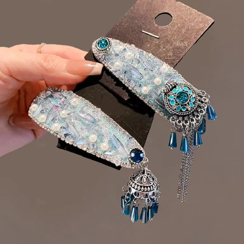 新款蓝色水晶流苏发夹气质闪钻BB夹发卡女民族风侧边刘海边夹头饰