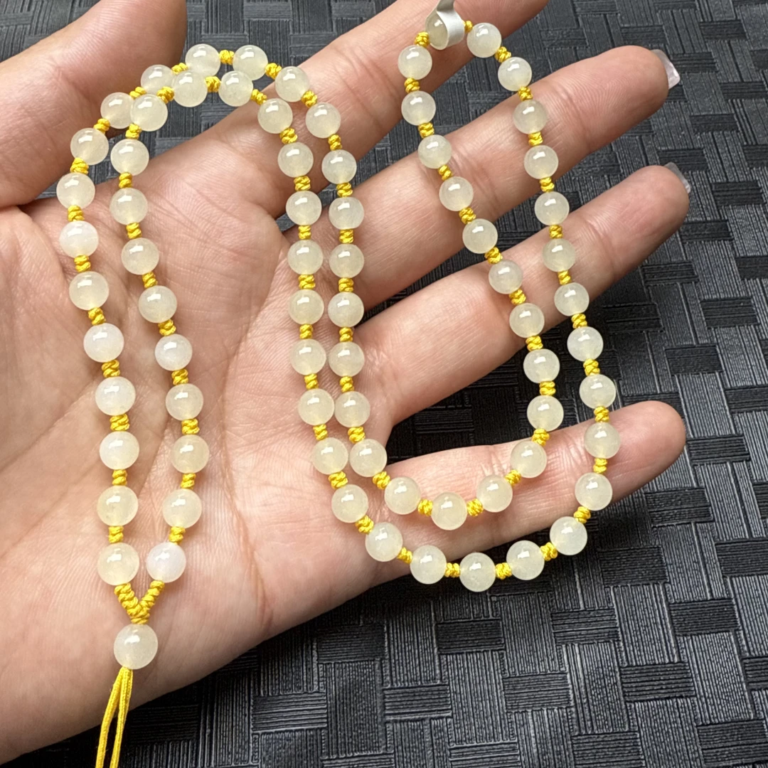 和田玉青海料白冰圆珠6mm玉石挂件绳保真百搭款