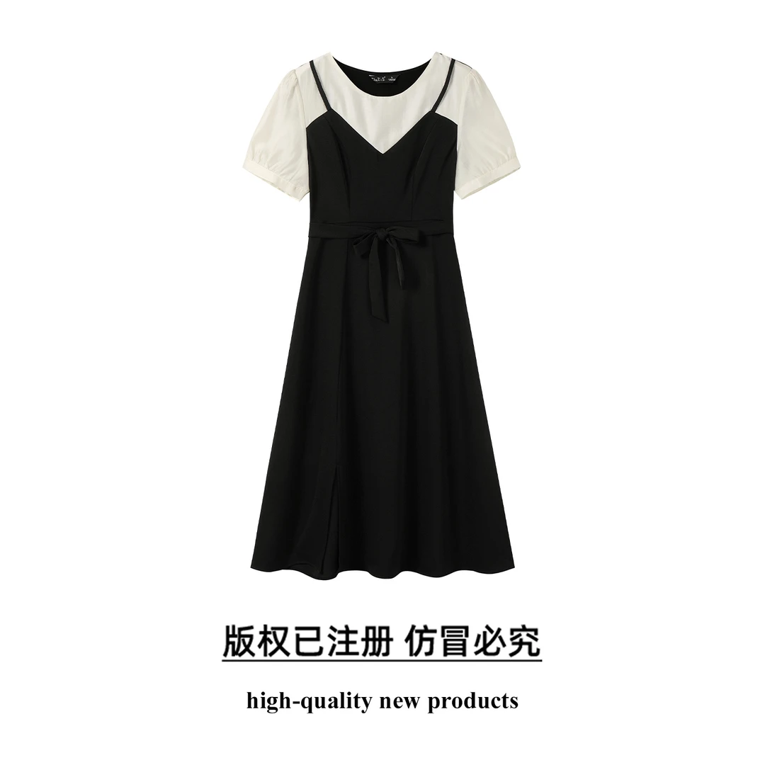 奢姿大码女装2025夏季假两件拼接圆领连衣裙胖妹妹时尚简约裙子