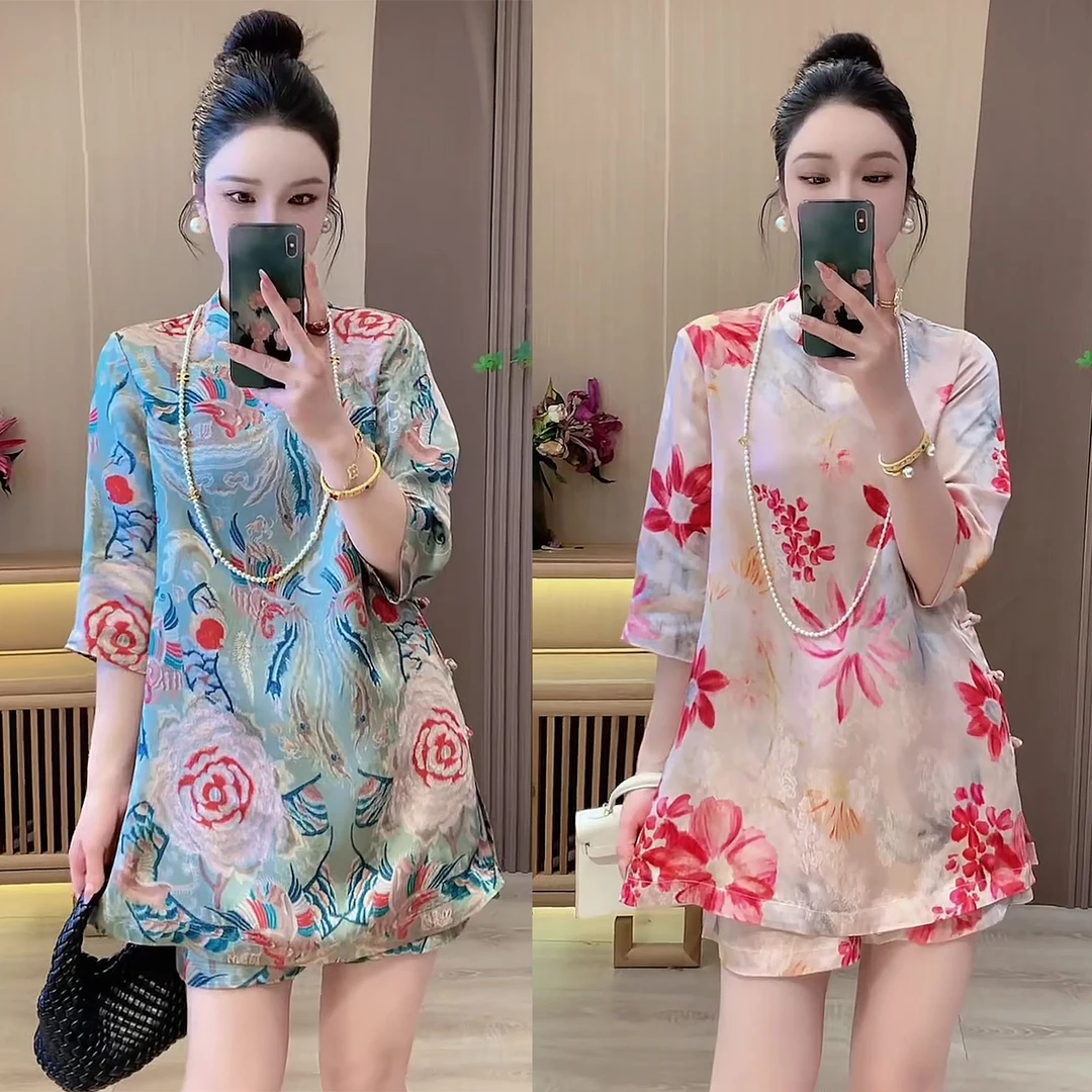 80654夏季国潮风复古百搭印花盘扣新中式套装 宽松显瘦时尚两件套