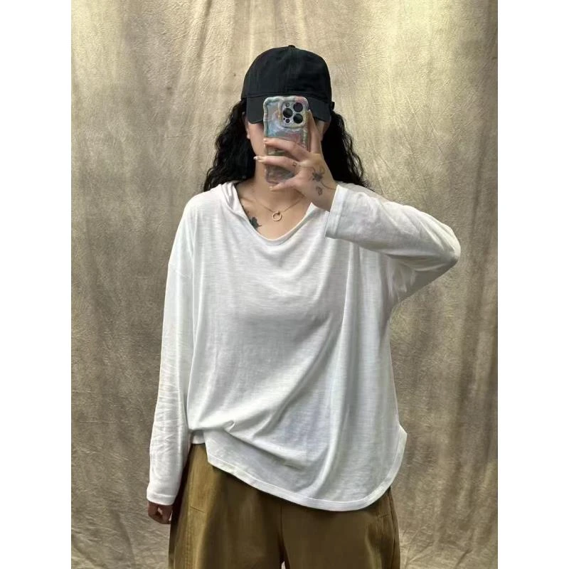 韩版宽松T恤长袖套头开叉简约纯色立体装饰圆领上衣打底衫