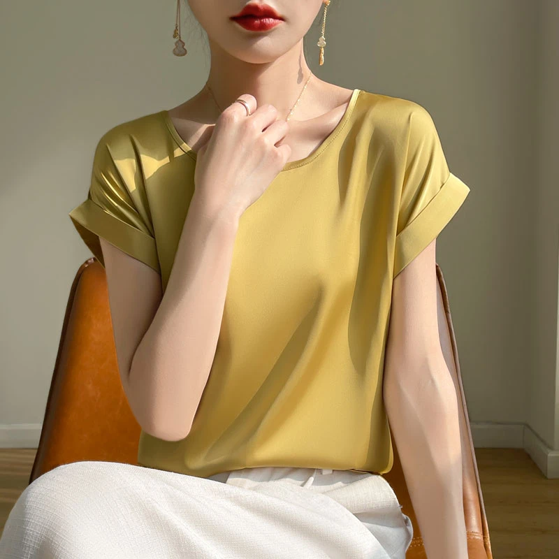 2025新款百搭纯色缎面圆领短袖T恤女气质显瘦丝稠宽松减龄上衣