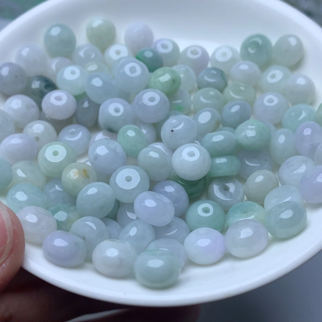 翡翠散珠卡6*9冰绿白鼓珠20个