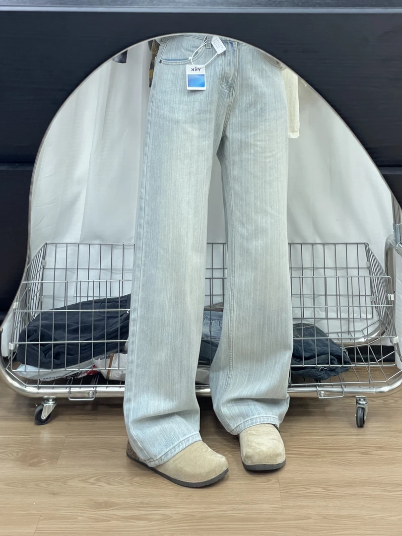 jeans潮流高腰窄版阔腿裤高腰显瘦牛仔裤竹节纹设计感拖地裤女