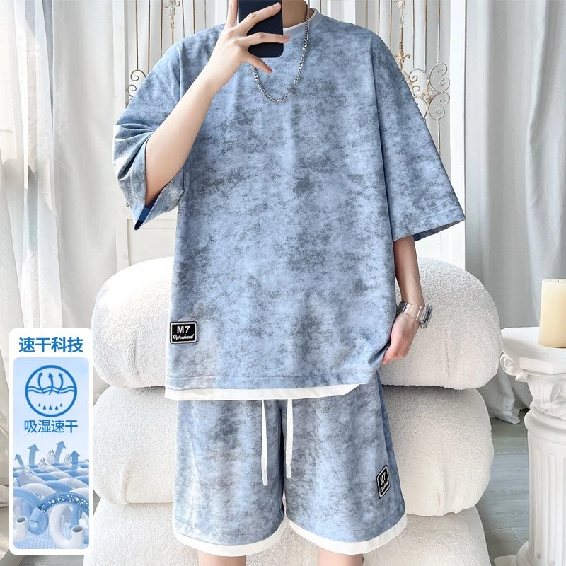 隐匿者夏季新款百搭扎染速干冰丝套装男港风潮流帅气运动休闲套装