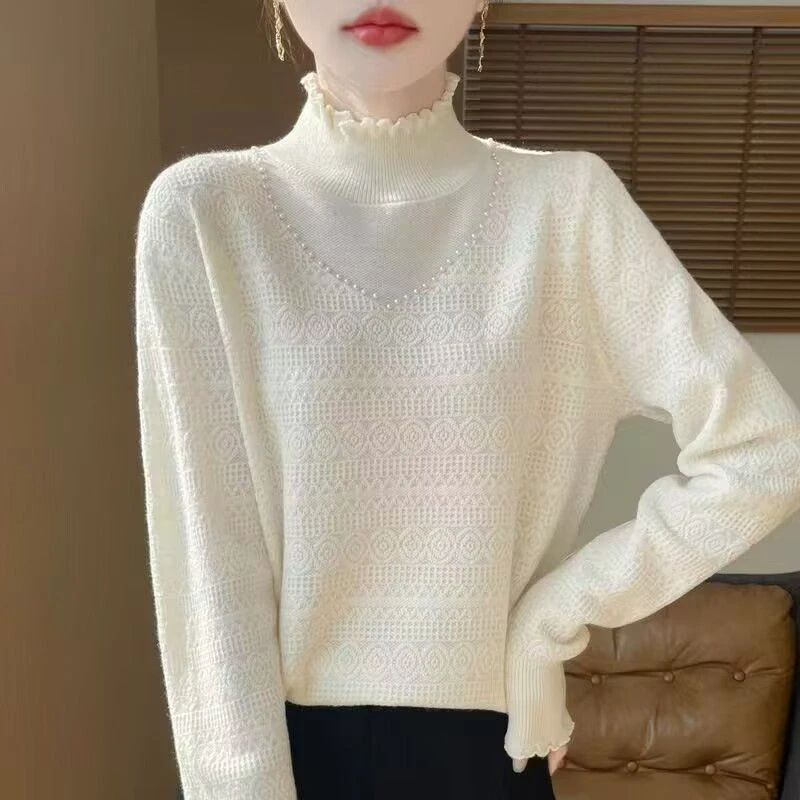 A13木耳边花边领半高领针织衫毛衣女宽松秋冬新款气质打底衫上衣