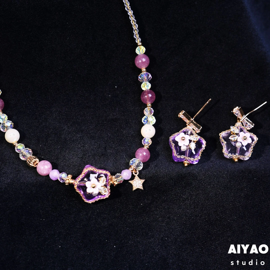 合金项链 AIYAO【琉紫花方】透紫琉璃耳钉 项链F1359