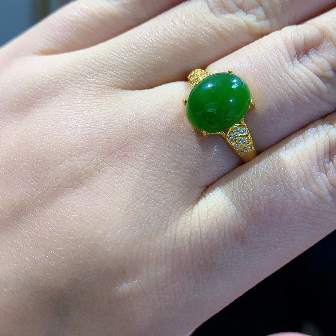和田玉（碧玉）戒指银S925镀金镶嵌