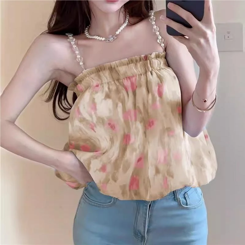 2024夏季新款甜美法式珍珠吊带上衣女松紧抹胸水墨印花显瘦小背心