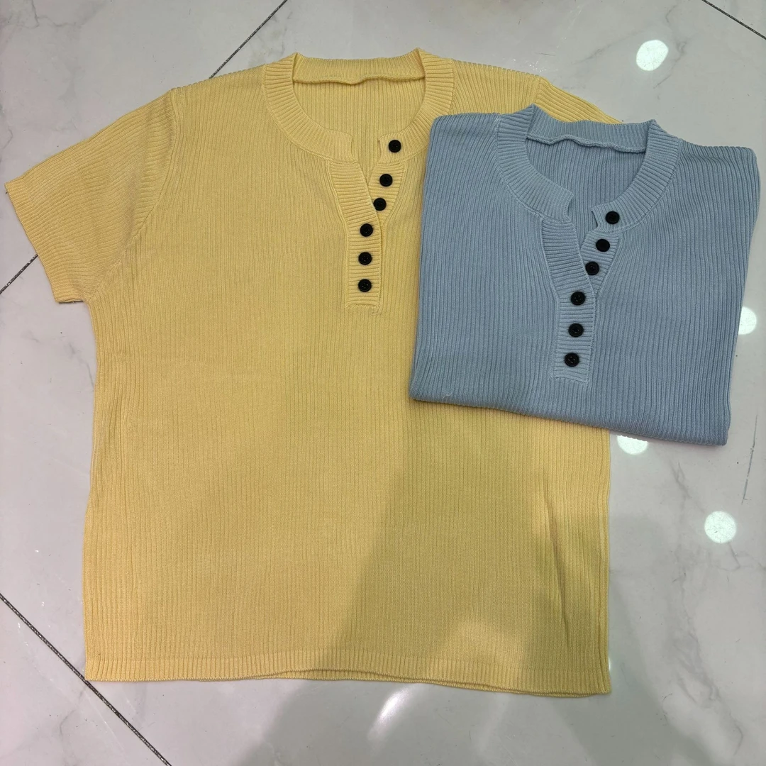 宽松型短袖半扣开领女夏季六粒扣毛针织衫剪刀领套头衫