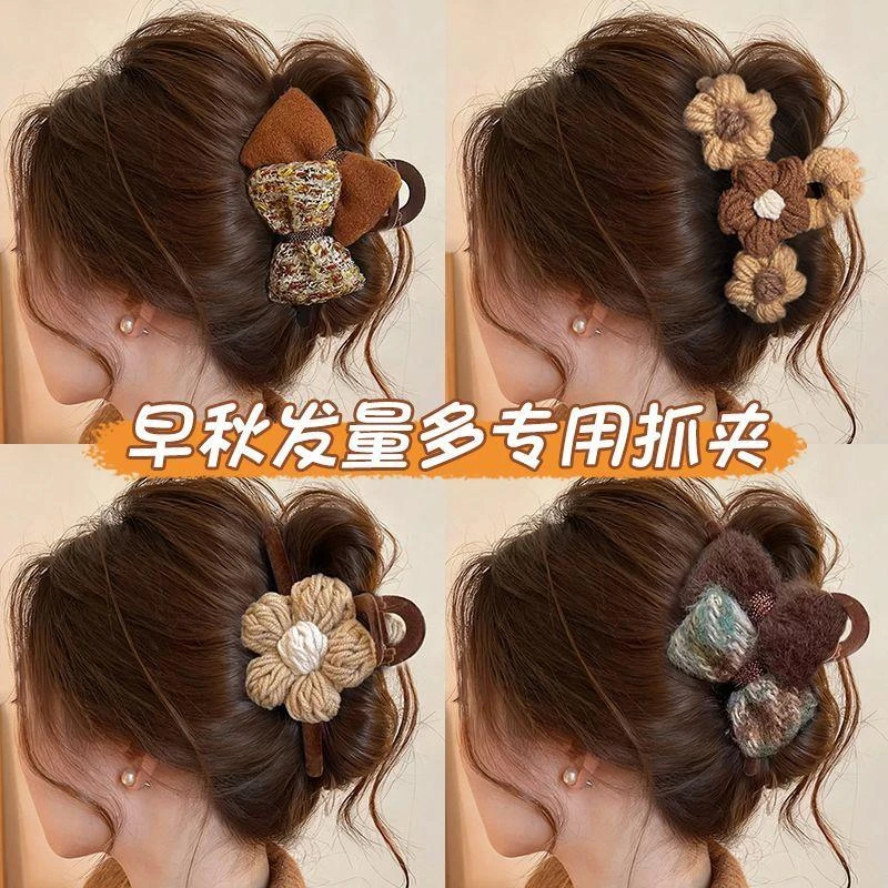 美拉德咖色蝴蝶结发夹女后脑勺盘发鲨鱼夹子头饰大号独特漂亮抓夹