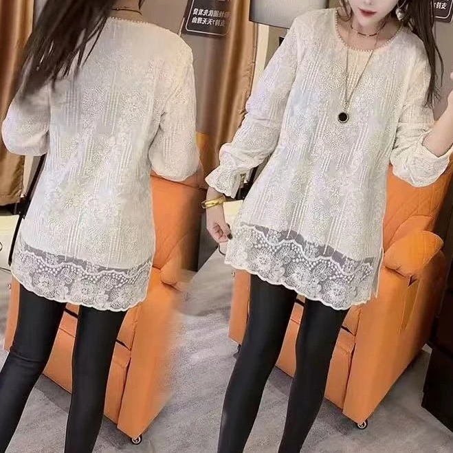 LL琳欧货衬衫高档气质女神范重工刺绣中长款开叉蕾丝上衣25172