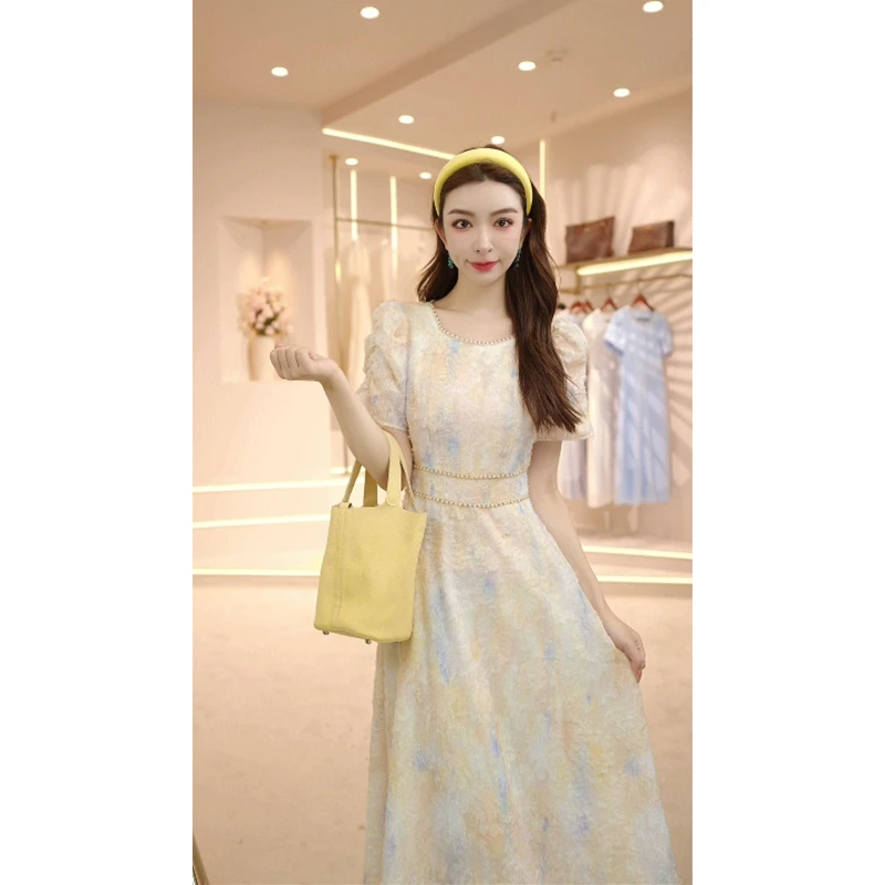 艾格提花雏菊掐腰连衣裙高腰夏季长裙长款甜美时尚法式显瘦碎花