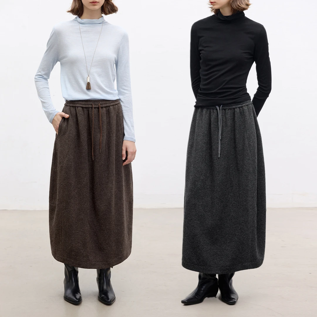 DotDrobe/多着羊毛醋酸混纺 可拆卸腰绳松紧腰解构花苞半身裙秋冬