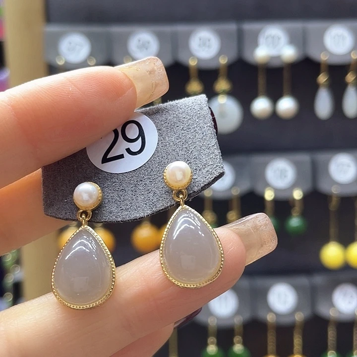 和田玉耳饰银S925镀金镶嵌