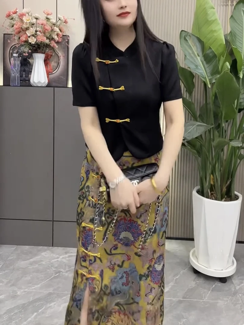 夏季新款时尚休闲百搭新中式国风盘扣气质显瘦短袖半身裙两件套女