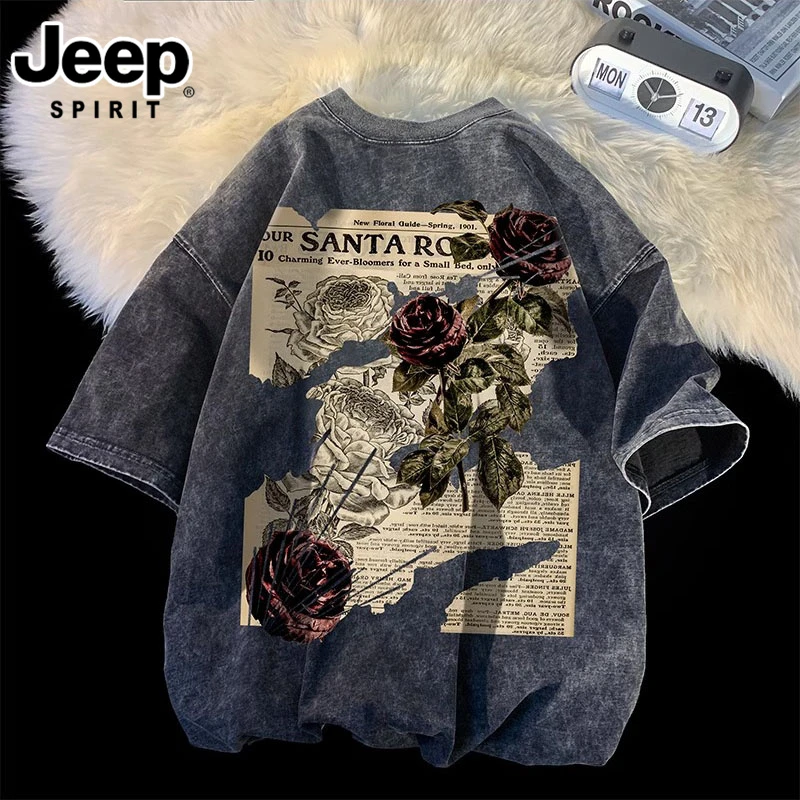 吉普潮牌玫瑰印花圆领短袖t恤男夏季新款美式复古宽松休闲百搭t恤