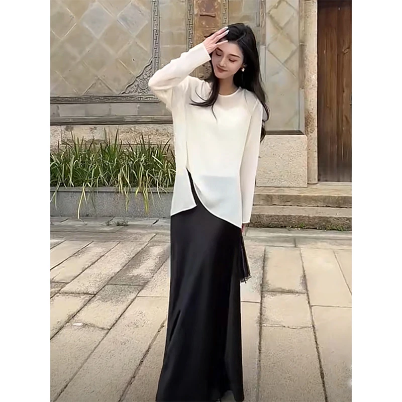 网红时尚大码夏季长袖防晒上衣半身裙套装女胖mm宽松早秋两件套