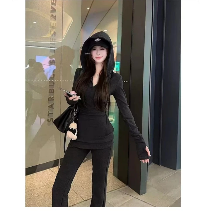 【辣妹两件套】美式深灰色修身连帽卫衣套装冬季高腰微喇休闲裤