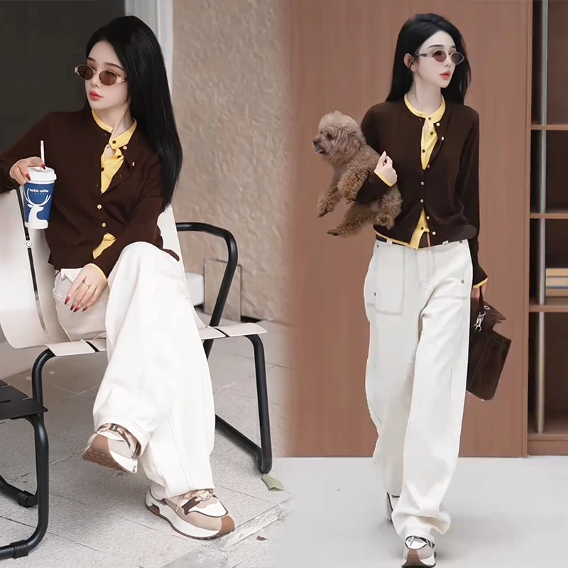 气质假两件长袖针织开衫上衣高腰直筒休闲裤子显瘦韩版秋季两件套