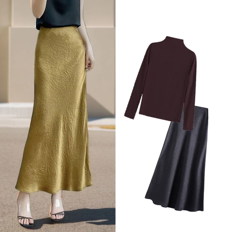 高级感黑色缎面半身裙女夏季松紧高腰垂感显瘦鱼尾裙子法式小A裙