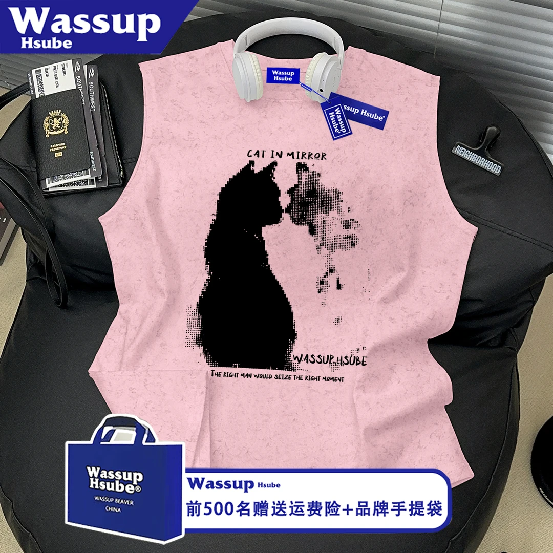 WASSUP HSUBE高街印花纯棉坎肩背心男女猫猫运动重磅无袖T恤夏季