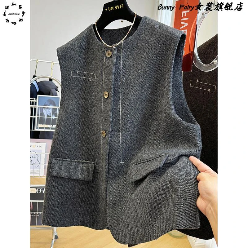 欧货复古灰色西装马甲外套女秋冬加厚圆领无袖百搭羊毛呢子上衣潮