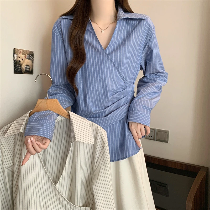 2025大码胖MM秋季新款收腰显瘦条纹长袖衬衫女百搭遮肉上衣8322